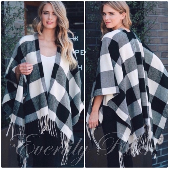 Black & Winter White Buffalo Plaid Poncho - Picture 3 of 9
